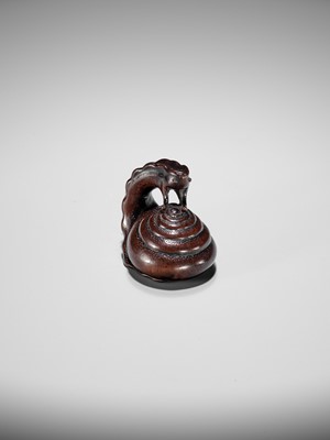 Lot 353 - SHUZAN: AN EXCEPTIONAL WOOD NETSUKE OF A SNAIL ACROBAT