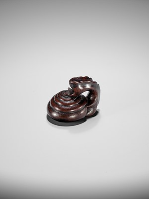 Lot 353 - SHUZAN: AN EXCEPTIONAL WOOD NETSUKE OF A SNAIL ACROBAT