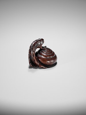 Lot 353 - SHUZAN: AN EXCEPTIONAL WOOD NETSUKE OF A SNAIL ACROBAT