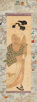 Lot 1269 - KIKUGAWA EIZAN (1787-1867): A TWO-PART COLOR WOODBLOCK PRINT KAKEMONO OF A BEAUTY