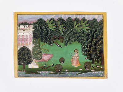 Lot 700 - AN INDIAN MINIATURE PAINTING OF KRISHNA AND RADHA WITH PEAFOWL, NORTH INDIA, 18TH - 19TH CENTURY