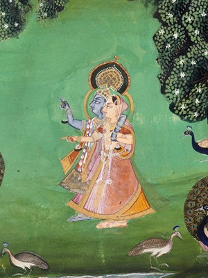 Lot 700 - AN INDIAN MINIATURE PAINTING OF KRISHNA AND RADHA WITH PEAFOWL, NORTH INDIA, 18TH - 19TH CENTURY