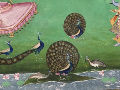 Lot 700 - AN INDIAN MINIATURE PAINTING OF KRISHNA AND RADHA WITH PEAFOWL, NORTH INDIA, 18TH - 19TH CENTURY