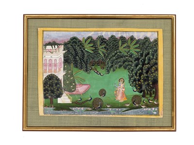 Lot 700 - AN INDIAN MINIATURE PAINTING OF KRISHNA AND RADHA WITH PEAFOWL, NORTH INDIA, 18TH - 19TH CENTURY