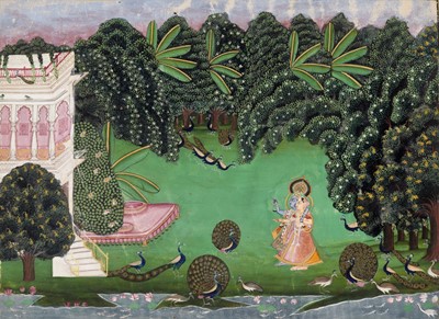 Lot 700 - AN INDIAN MINIATURE PAINTING OF KRISHNA AND RADHA WITH PEAFOWL, NORTH INDIA, 18TH - 19TH CENTURY