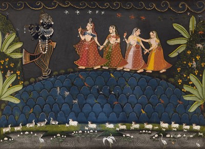 Lot 699 - AN INDIAN MINIATURE PAINTING OF KRISHNA AS SHRINATHJI, RAJASTHAN, NATHDWARA, LATE 18TH - 19TH CENTURY