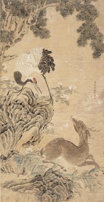 Lot 558 - ‘CRANE AND DEER’, BY SHEN QUAN (1682-1760)