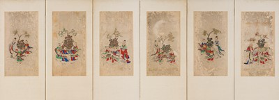 Lot 5 - A FINE SIX-PANEL SCREEN WITH LEAVES FROM A QING-DYNASTY ALBUM