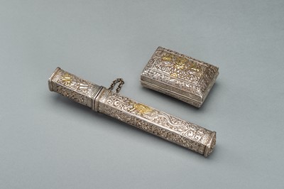 Lot 353 - TWO EMBOSSED SILVERPLATED AND GILT METAL BOXES, 19TH CENTURY