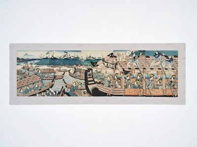 Lot 81 - UTAGAWA KUNISADA II (1823-1880), PENTAPTYCH: COURTESANS OF THE HOUSE OF OWARIYA HIKOTARO VIEWING CHERRY BLOSSOMS
