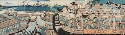 Lot 371 - UTAGAWA KUNISADA II (1823-1880), PENTAPTYCH: COURTESANS OF THE HOUSE OF OWARIYA HIKOTARO VIEWING CHERRY BLOSSOMS