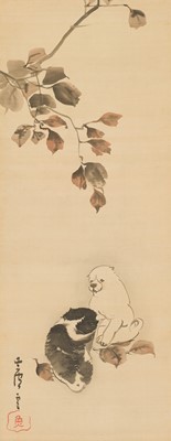 NAGASAWA ROSETSU (1754-1799): PERSIMMON WITH RED AUTUMN LEAVES AND PUPPIES