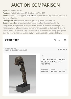 Lot 651 - A RARE BRONZE LION BELL TERMINAL, EASTERN JAVANESE PERIOD, 12TH CENTURY