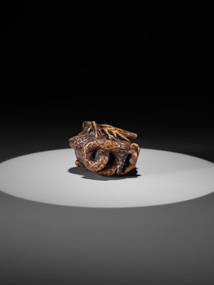 Lot 325 - A WOOD NETSUKE OF A COILED DRAGON WITH TAMA