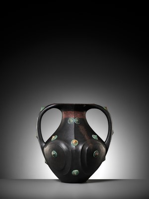 Lot 62 - A VERY LARGE AND RARE BLACK POTTERY AMPHORA WITH APPLIED GILT-BRONZE BOSSES, LIFAN, HAN DYNASTY