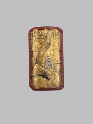 Lot 340 - AN UNUSUAL INLAID GOLD LACQUER AND TSUISHU FOUR-CASE INRO WITH MONKEYS