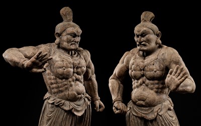Lot 47 - AN EXCEPTIONAL PAIR OF MONUMENTAL WOOD FIGURES OF NIO GUARDIANS