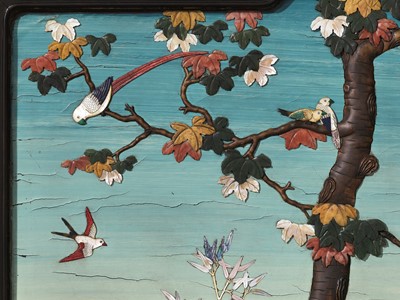 Lot 11 - A LARGE INLAID LACQUER ‘HUNDRED BIRDS WORSHIP THE PHOENIX’ ZITAN-FRAMED HANGING PANEL, QIANLONG PERIOD