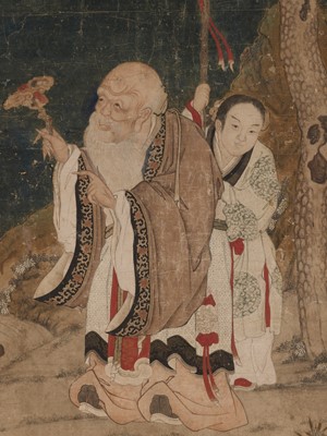 Lot 544 - A LARGE PAINTING DEPICTING SHOULAO AND AN ATTENDANT, BY GU JIANLONG (1606-1687), DATED 1679