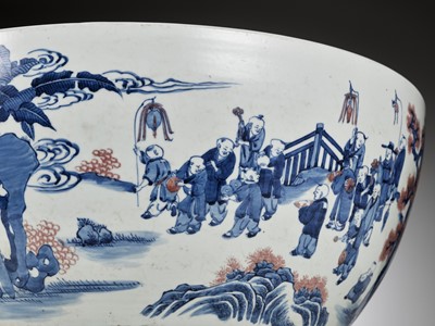 Lot 123 - A MASSIVE COPPER-RED AND UNDERGLAZE-BLUE ‘HUNDRED BOYS’ JARDINIÉRE, DATED 1779 OR 1839