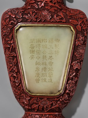 Lot 7 - AN IMPERIAL JADE-INLAID CINNABAR LACQUER WALL VASE INSCRIBED WITH A POEM BY HONGLI (1711-1799), QIANLONG PERIOD