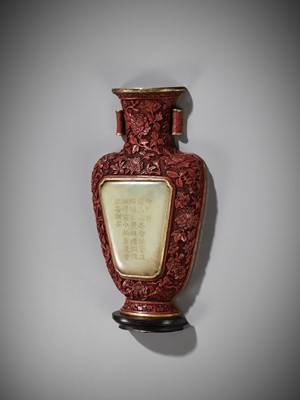 Lot 7 - AN IMPERIAL JADE-INLAID CINNABAR LACQUER WALL VASE INSCRIBED WITH A POEM BY HONGLI (1711-1799), QIANLONG PERIOD