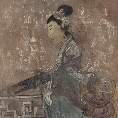 Lot 169 - A POLYCHROME STUCCO FRESCO FRAGMENT DEPICTING A CELESTIAL MAIDEN, YUAN TO MING DYNASTY