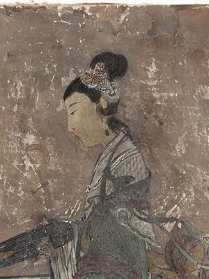 Lot 169 - A POLYCHROME STUCCO FRESCO FRAGMENT DEPICTING A CELESTIAL MAIDEN, YUAN TO MING DYNASTY