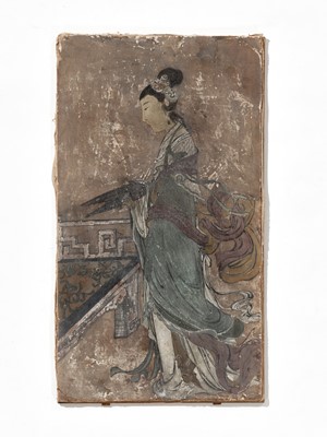 Lot 169 - A POLYCHROME STUCCO FRESCO FRAGMENT DEPICTING A CELESTIAL MAIDEN, YUAN TO MING DYNASTY