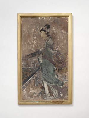 Lot 169 - A POLYCHROME STUCCO FRESCO FRAGMENT DEPICTING A CELESTIAL MAIDEN, YUAN TO MING DYNASTY