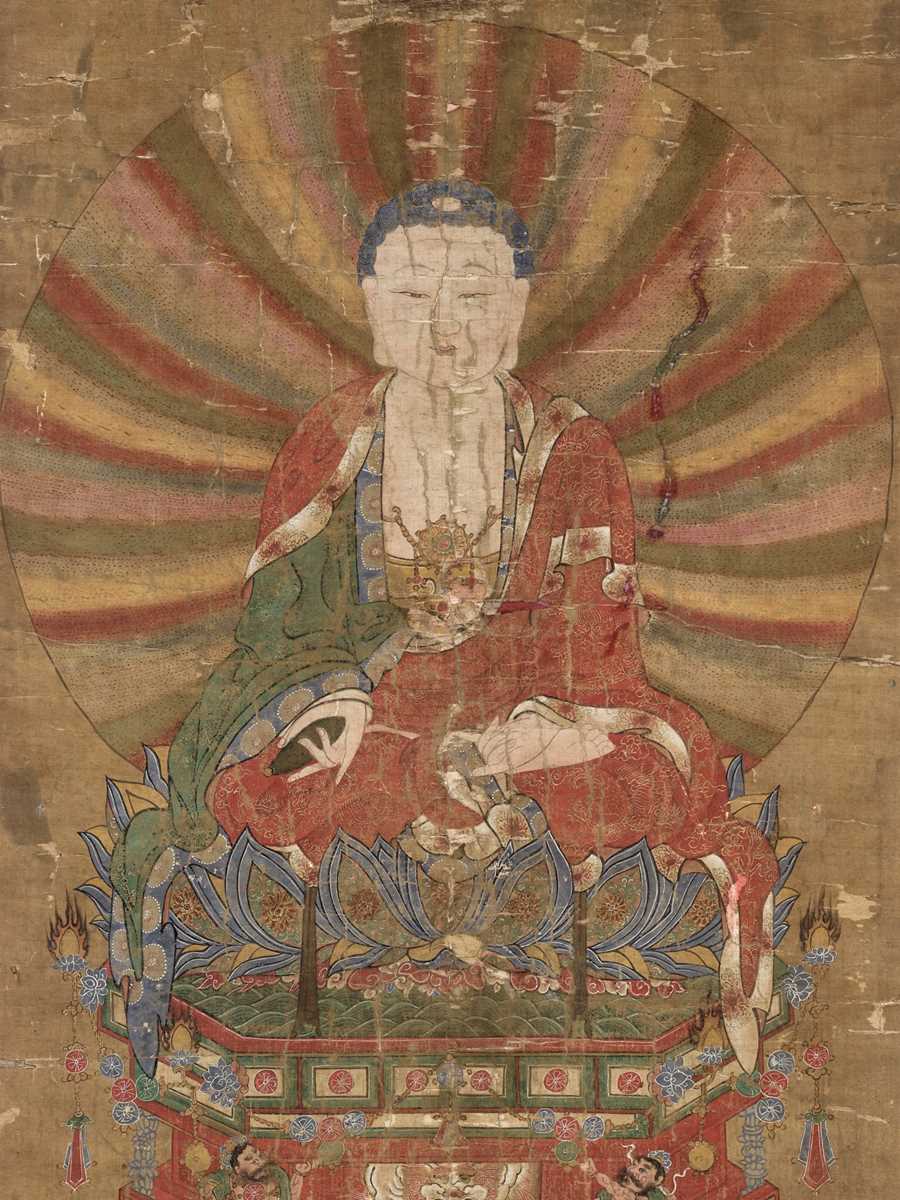 Lot 197 - AN IMPORTANT BUDDHIST VOTIVE PAINTING DEPICTING BUDDHA, EARLY MING DYNASTY, 1400-1450