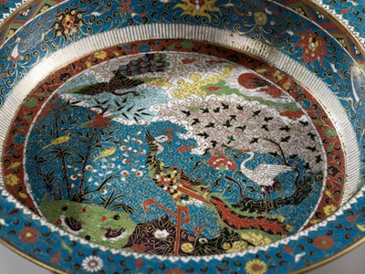 Lot 12 - A LARGE ‘BIRDS WORSHIPPING THE PHOENIX’ CLOISONNÉ BASIN, MING DYNASTY