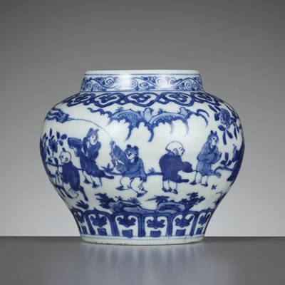 A BLUE AND WHITE ‘SCHOLARS AND BOYS’ JAR, GUAN, WANLI MARK AND PERIOD