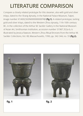 Lot 315 - A GOLD AND SILVER-INLAID BRONZE ARCHAISTIC STEAMER, SONG TO MING DYNASTY