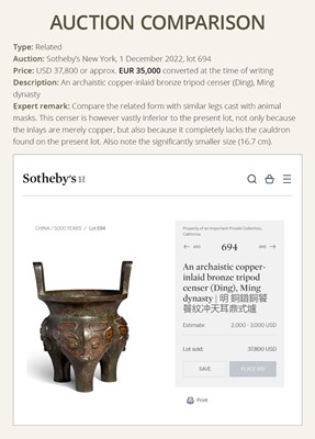 Lot 315 - A GOLD AND SILVER-INLAID BRONZE ARCHAISTIC STEAMER, SONG TO MING DYNASTY
