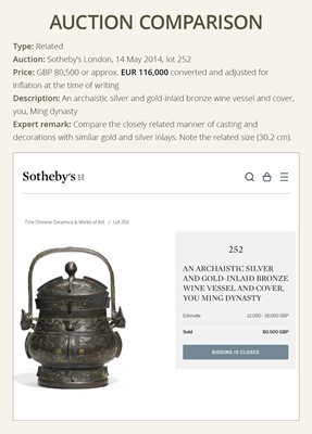 Lot 315 - A GOLD AND SILVER-INLAID BRONZE ARCHAISTIC STEAMER, SONG TO MING DYNASTY