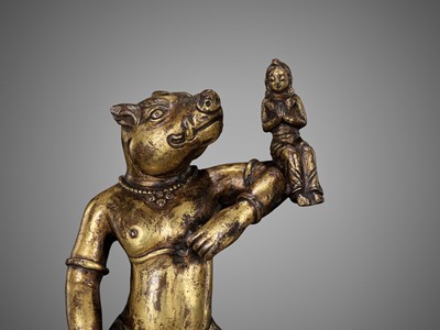 Lot 176 - A RARE GILT BRONZE FIGURE OF VARAHA, NEPAL, 16TH-17TH CENTURY