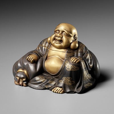 Lot 50 - A FINE LACQUER KOGO (INCENSE BOX) AND COVER IN THE FORM OF HOTEI