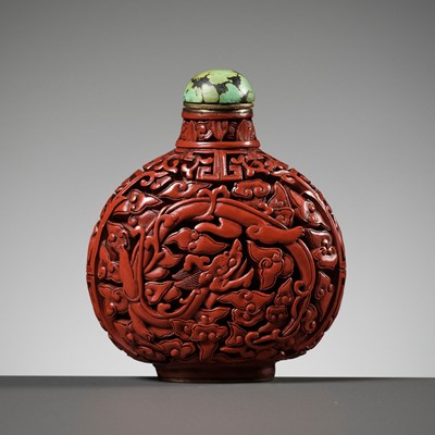 Lot 609 - A CARVED CINNABAR LACQUER ‘DRAGON’ SNUFF BOTTLE, PROBABLY IMPERIAL, 1780-1860