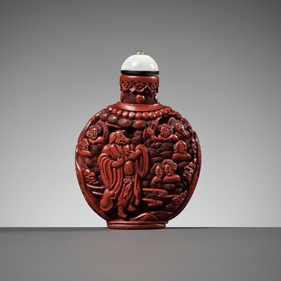 Lot 56 - A ‘JOURNEY TO THE WEST’ CINNABAR LACQUER SNUFF BOTTLE, PROBABLY IMPERIAL