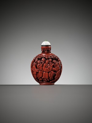 Lot 141 - A ‘JOURNEY TO THE WEST’ CINNABAR LACQUER SNUFF BOTTLE, PROBABLY IMPERIAL