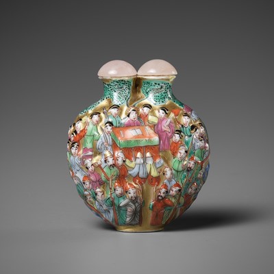 Lot 607 - A MOLDED AND ENAMELED ‘DOUBLE’ PORCELAIN SNUFF BOTTLE, 19TH CENTURY