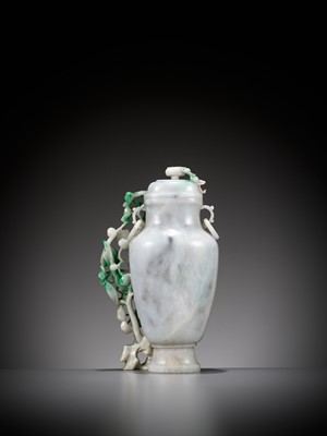 Lot 342 - A LAVENDER AND EMERALD-GREEN JADEITE ‘BIRDS AND FLOWERS’ VASE AND COVER