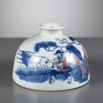 Lot 225 - AN UNDERGLAZE-BLUE AND COPPER-RED ‘FISHERMAN’ BEEHIVE WATER POT, TAIBAI ZUN, YONGZHENG MARK