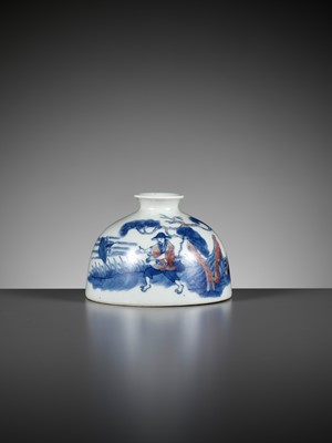 Lot 225 - AN UNDERGLAZE-BLUE AND COPPER-RED ‘FISHERMAN’ BEEHIVE WATER POT, TAIBAI ZUN, YONGZHENG MARK