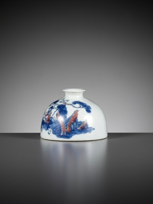 Lot 225 - AN UNDERGLAZE-BLUE AND COPPER-RED ‘FISHERMAN’ BEEHIVE WATER POT, TAIBAI ZUN, YONGZHENG MARK