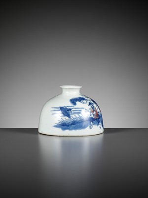 Lot 225 - AN UNDERGLAZE-BLUE AND COPPER-RED ‘FISHERMAN’ BEEHIVE WATER POT, TAIBAI ZUN, YONGZHENG MARK