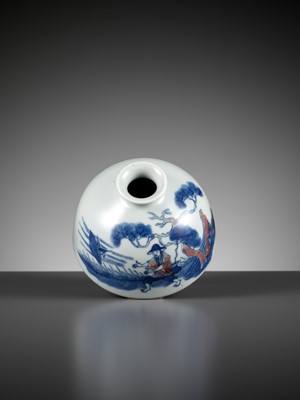 Lot 225 - AN UNDERGLAZE-BLUE AND COPPER-RED ‘FISHERMAN’ BEEHIVE WATER POT, TAIBAI ZUN, YONGZHENG MARK