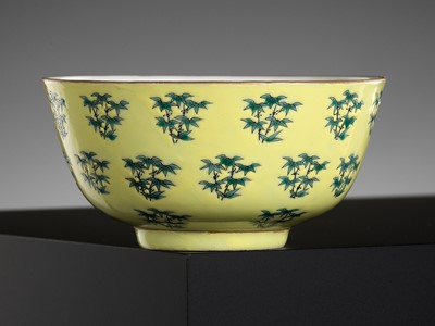 Lot 127 - A YELLOW-GROUND AND GREEN-ENAMELED ‘BAMBOO’ BOWL, TONGZHI MARK AND PERIOD