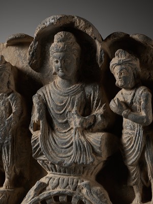 Lot 231 - A GRAY SCHIST GABLE OF BUDDHA SURROUNDED BY HIS DISCIPLES, KUSHAN PERIOD